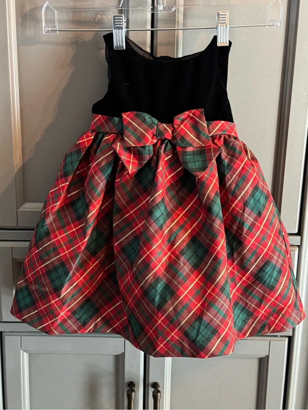 Girls Black Velvet Top Red & Green Plaid Bow Skirt